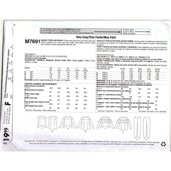 McCalls M7691 Misses All Sizes XS to XL Knit Tops and Pants Uncut Sewing Pattern - Picture 2 of 2